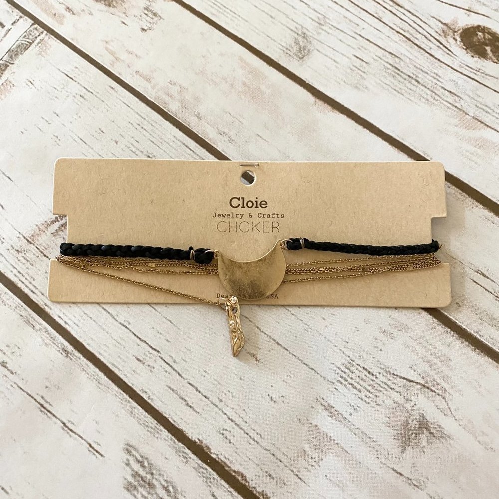 New Women's Black Cloie Braided Choker & Chain Necklace Crescent Shape Charm